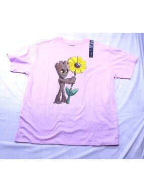 NWT Marvel Groot & Flower Embroidered Graphic Adult T-Shirt Light Pink Size Larg